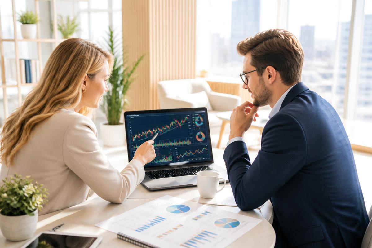 Hands holding a smartphone showing a market price chart
