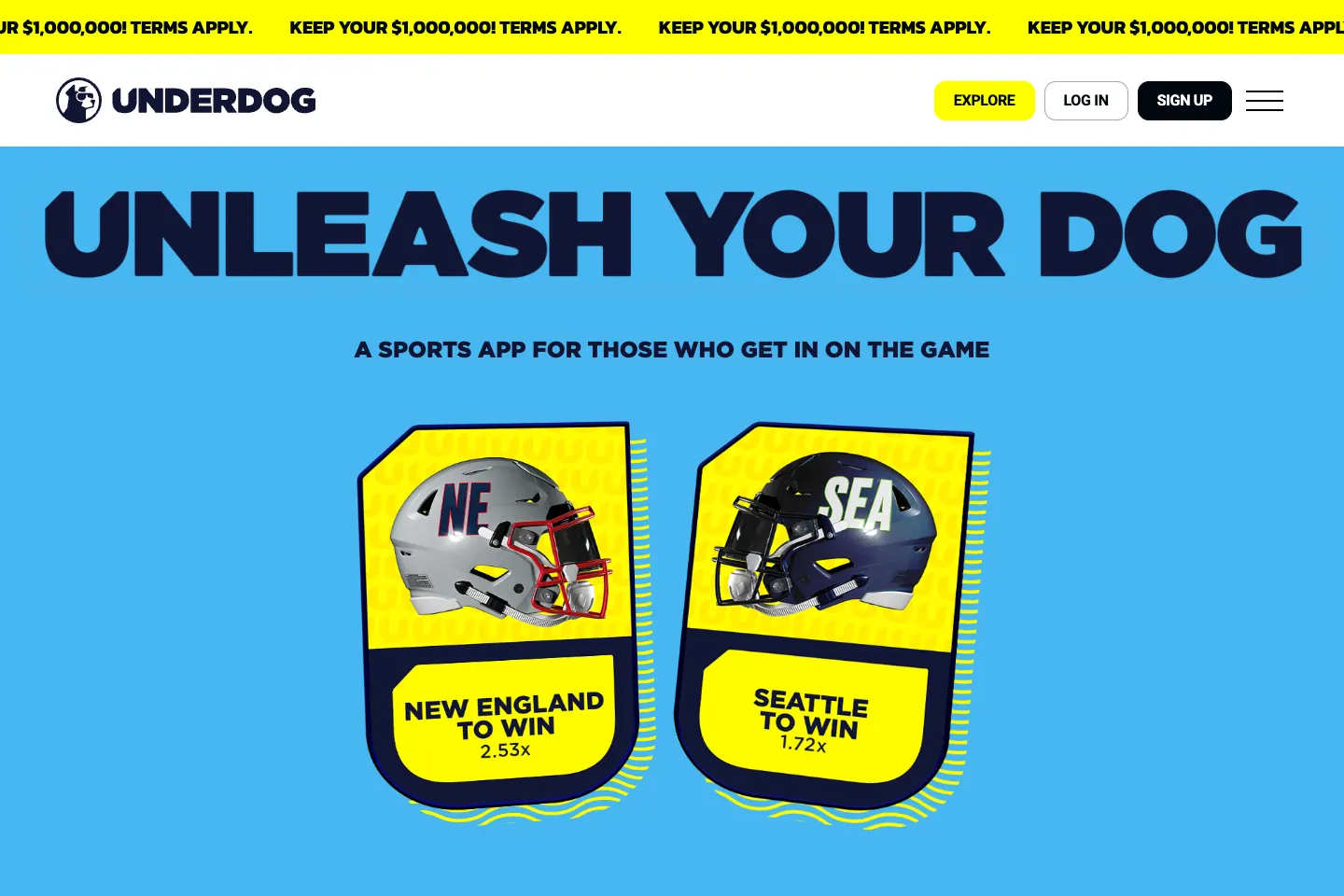 Underdog homepage screenshot, showing the public interface rather than a funded customer account
