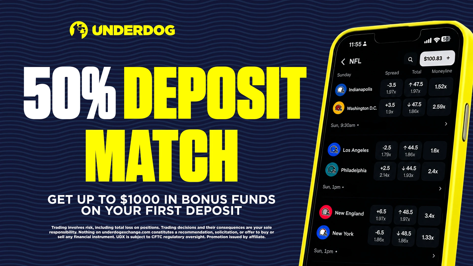 Underdog: 50% deposit match. Up to $1,000.